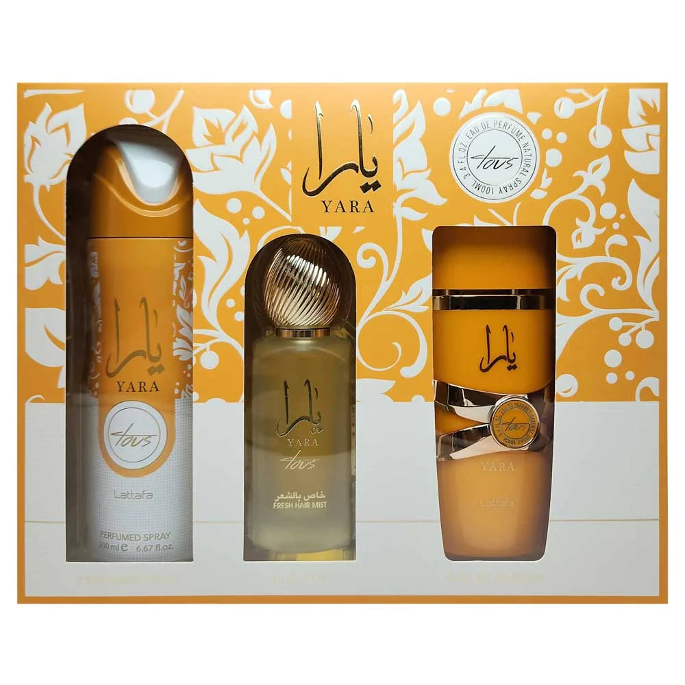 SET YARA TOUS Collection Gift Set 3 pcs 3.4 oz EDP + 1.7 oz Hair Mist + 6.8 oz Body Spray By Lattafa