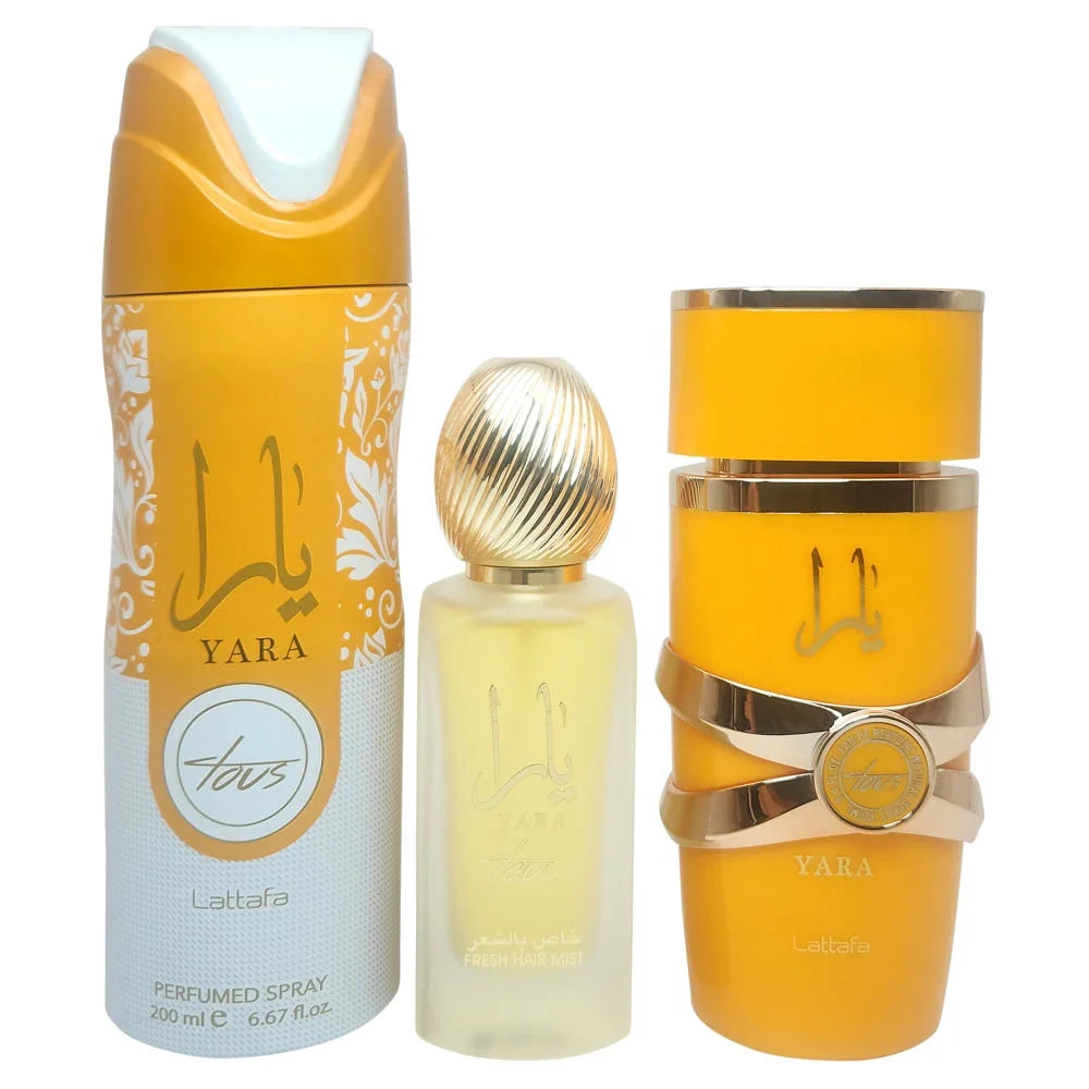SET YARA TOUS Collection Gift Set 3 pcs 3.4 oz EDP + 1.7 oz Hair Mist + 6.8 oz Body Spray By Lattafa